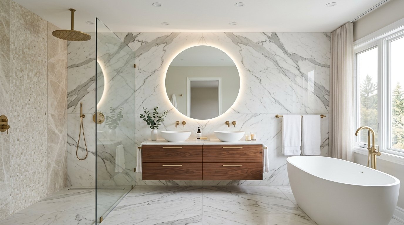 Marble bathroom remodel with freestanding tub