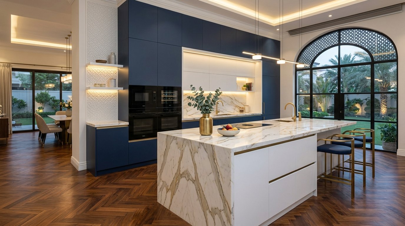 Modern kitchen remodeling with custom cabinetry and marble island