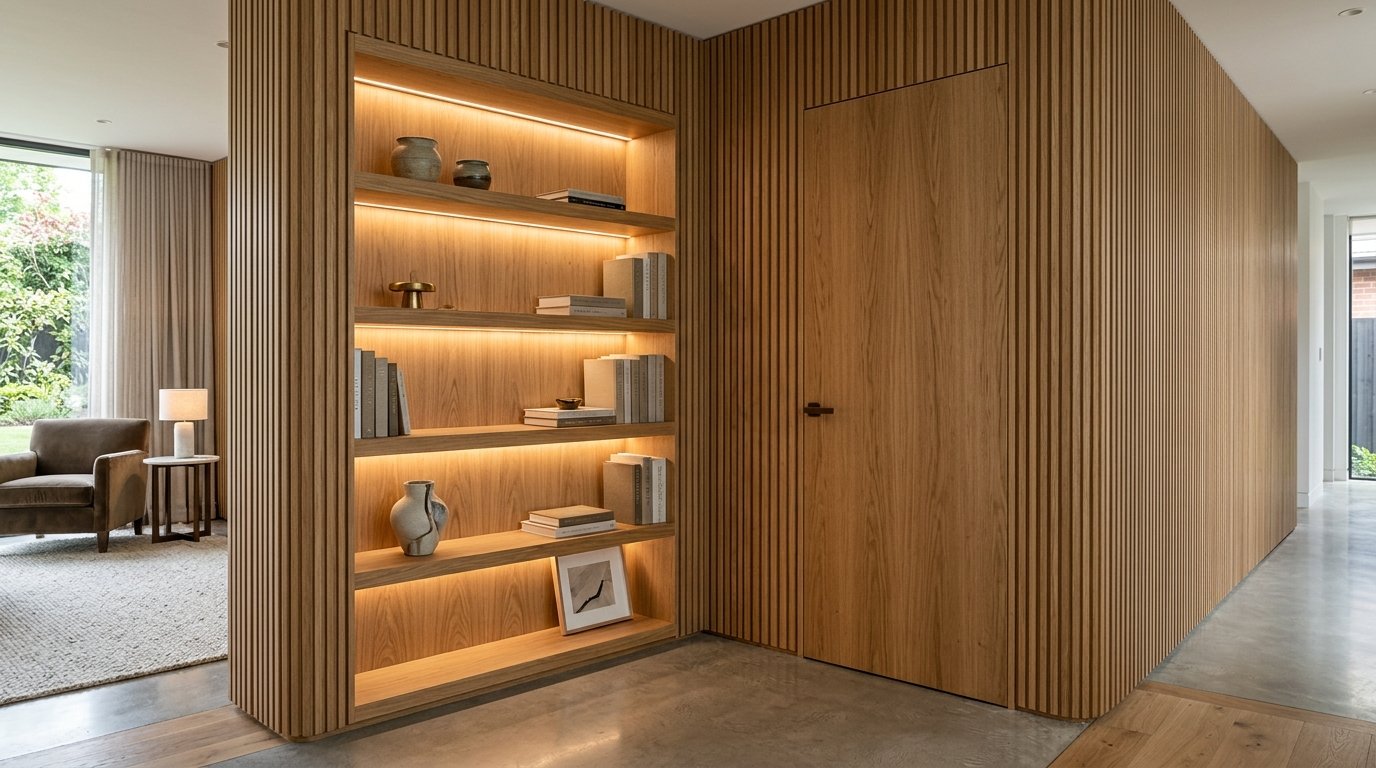 Interior home renovation with bespoke fluted oak wall paneling