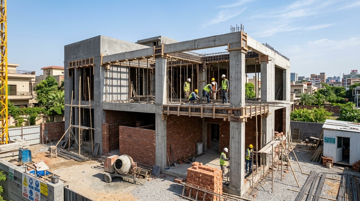 Active structural house construction site in Lahore with concrete pillars and brick masonry