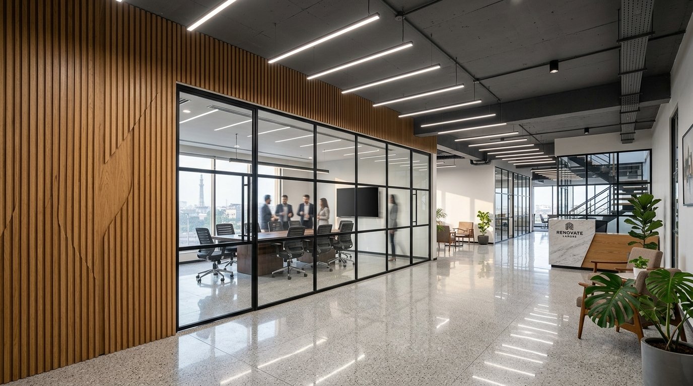 Corporate office renovation in Lahore with glass meeting room and fluted walls